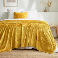 EMINZA Plaid doux flanelle (180 x 230 cm) Flore Jaune moutarde Outlet