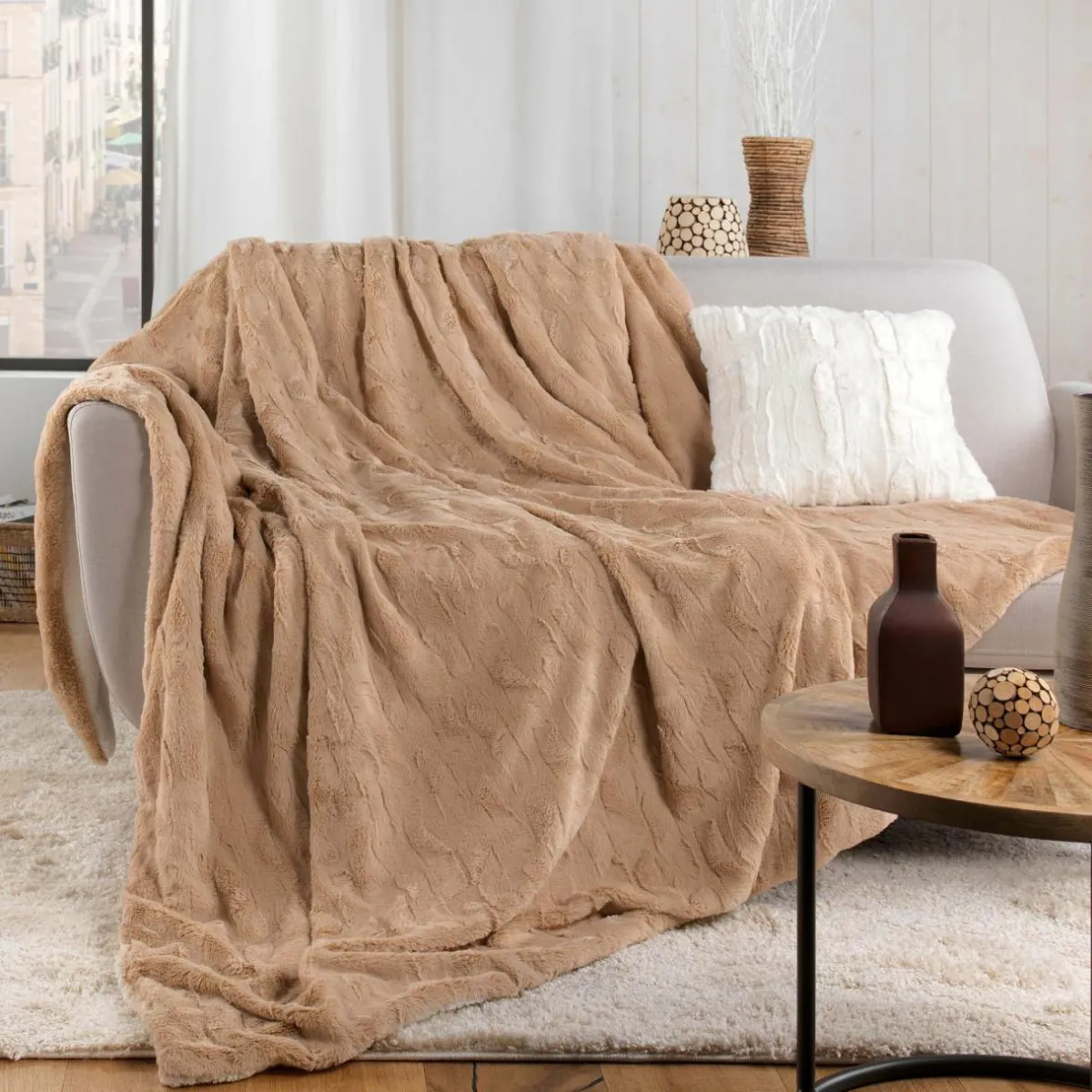 douceur d'intu017drieur Plaid fausse fourrure (180 x 220 cm) Foxy Taupe