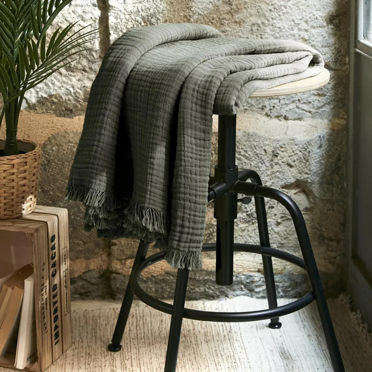 EMINZA Plaid gaze de coton (130 x 160 cm) Gaïa Vert romarin Discount