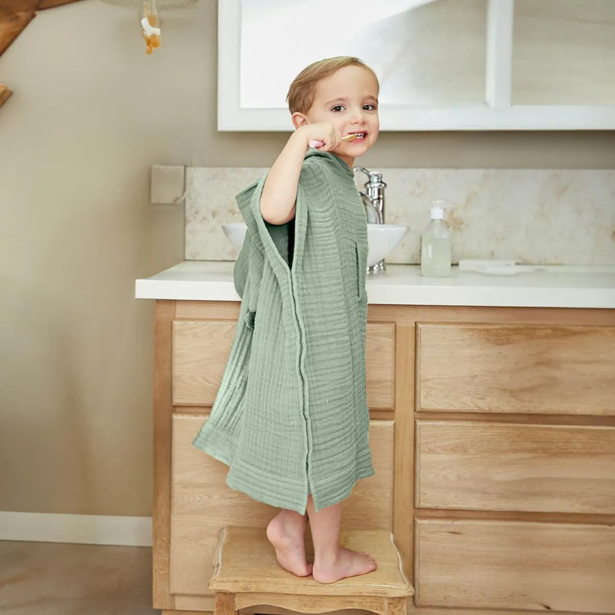 EMINZA Poncho de bain enfant gaze de coton 2/5 ans Gaïa Vert Eucalyptus New