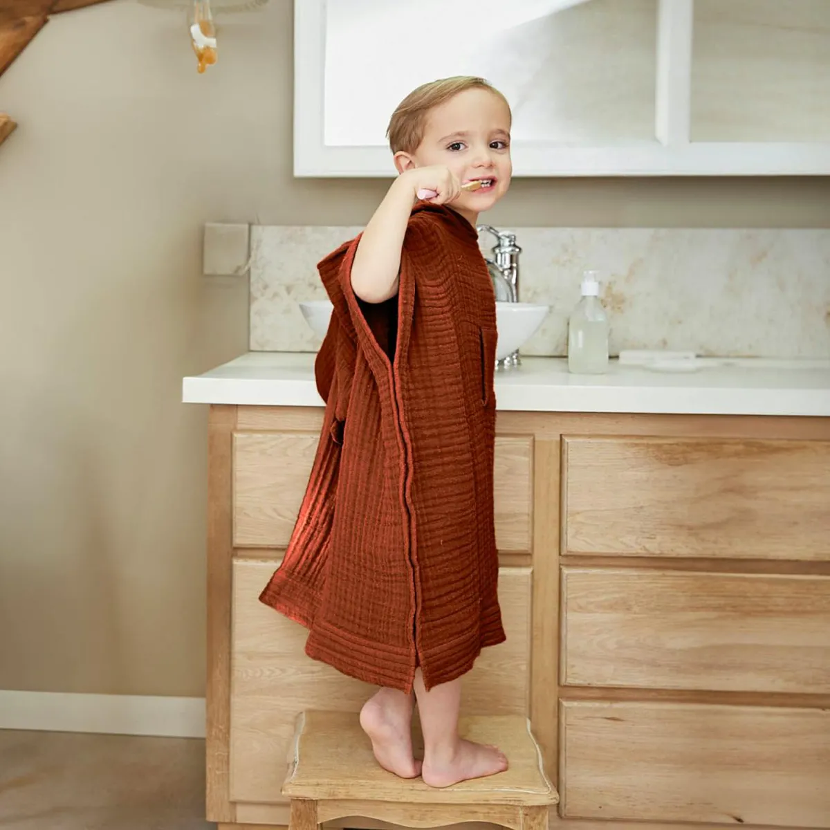 EMINZA Poncho de bain enfant gaze de coton 2/5 ans Gaïa Terracotta Best