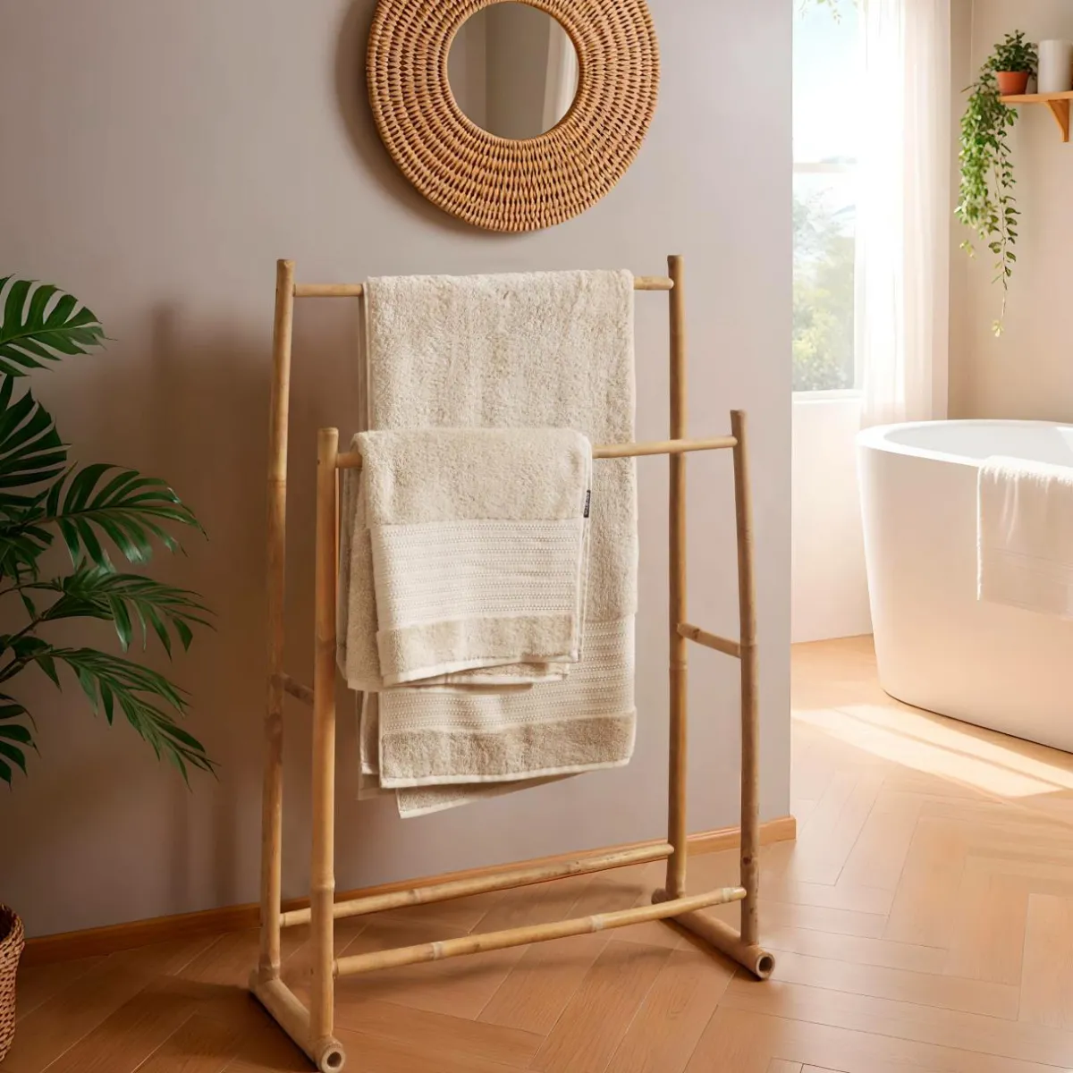 TENDANCE Porte serviette canne de bambou 2 niveaux (H105 cm) Hanoï Naturel Discount