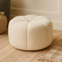 OSTARIA Pouf rond bouclette (D40 x H22 cm) polaire Blanc Discount