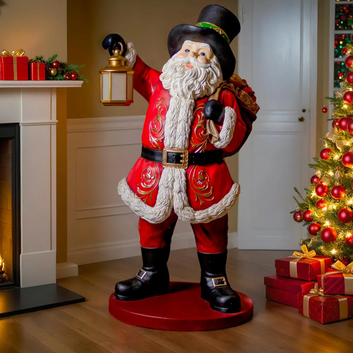 KAEMINGK Père Noël Géant sur piles (H166 cm) Klaus et sa lanterne illuminée Rouge