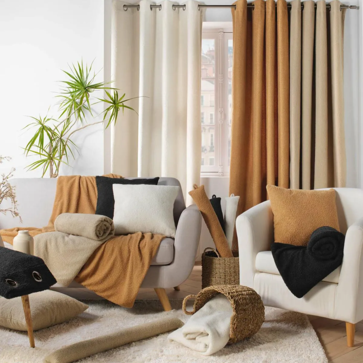 douceur d'intu017drieur Rideau bouclette (140 x 240 cm) Wooly Ecru Beige Clearance