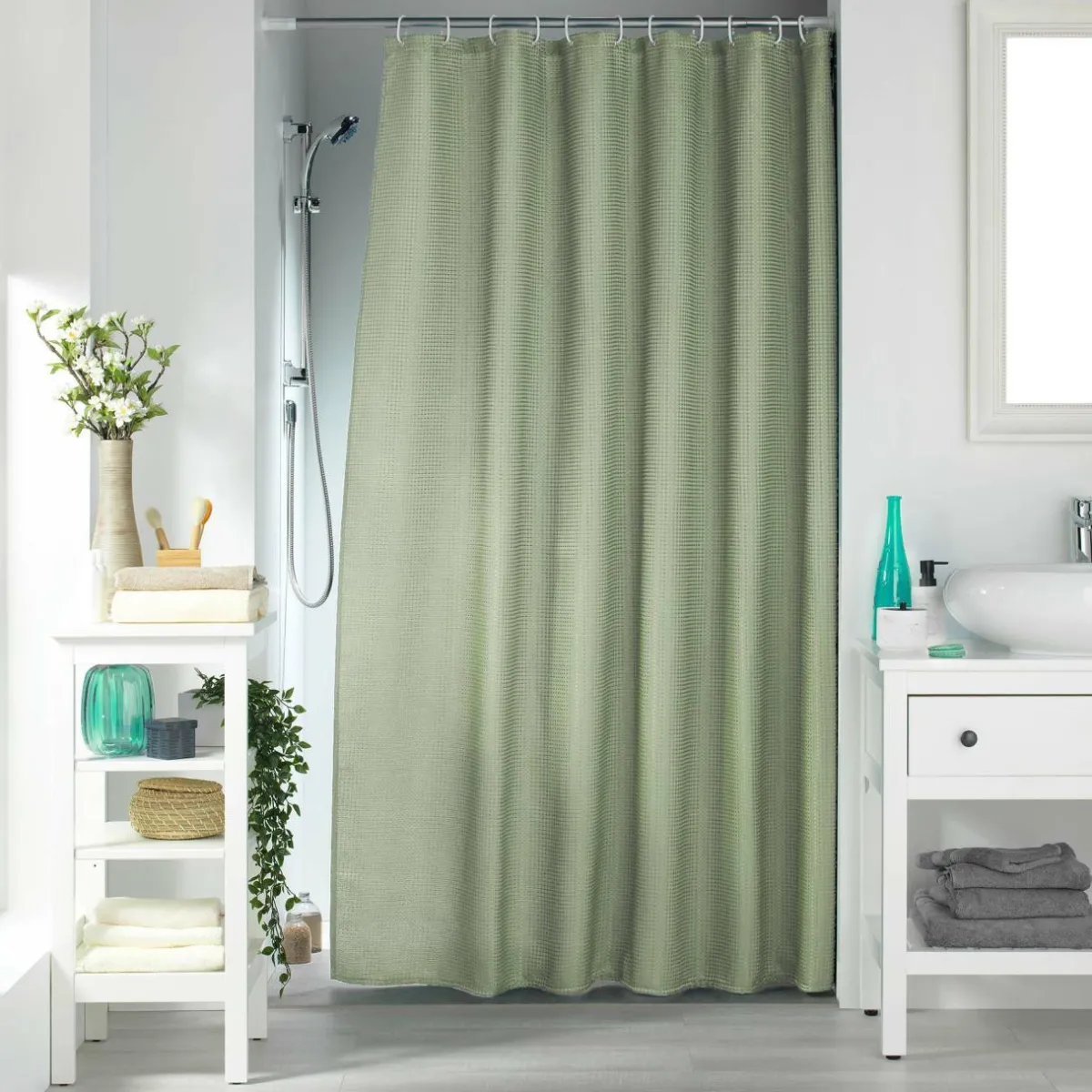 douceur d'intu017drieur Rideau de douche effet tissé à anneaux (180 x 200 cm) Quartz Vert sauge Online
