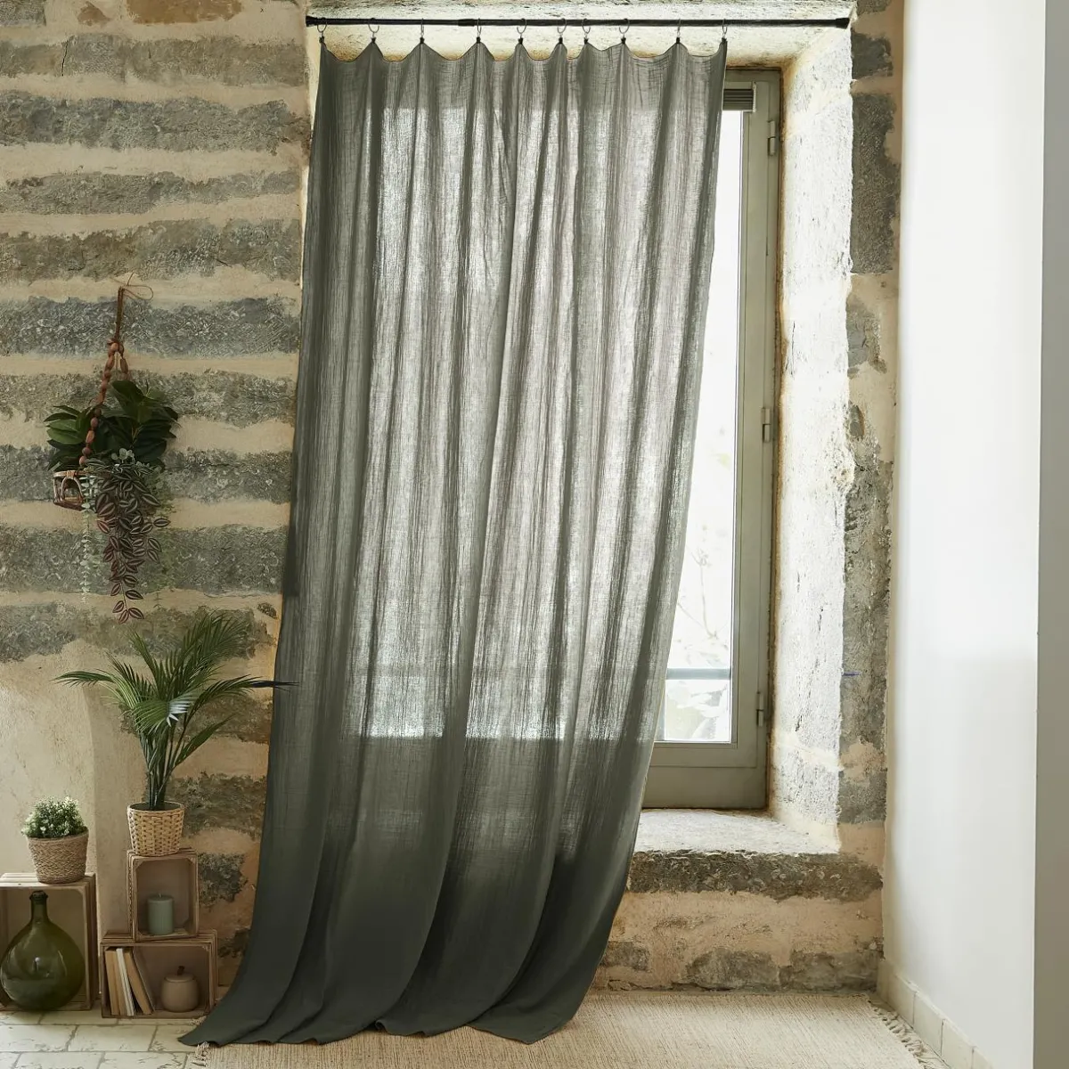 EMINZA Rideau gaze de coton ajustable (140 x max 300 cm) Gaïa Vert romarin Clearance
