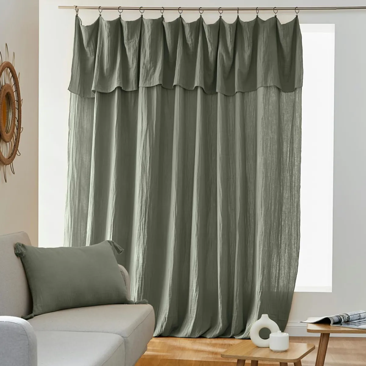 EMINZA Rideau gaze de coton ajustable (280 x max 300 cm) Gaïa Vert romarin Discount