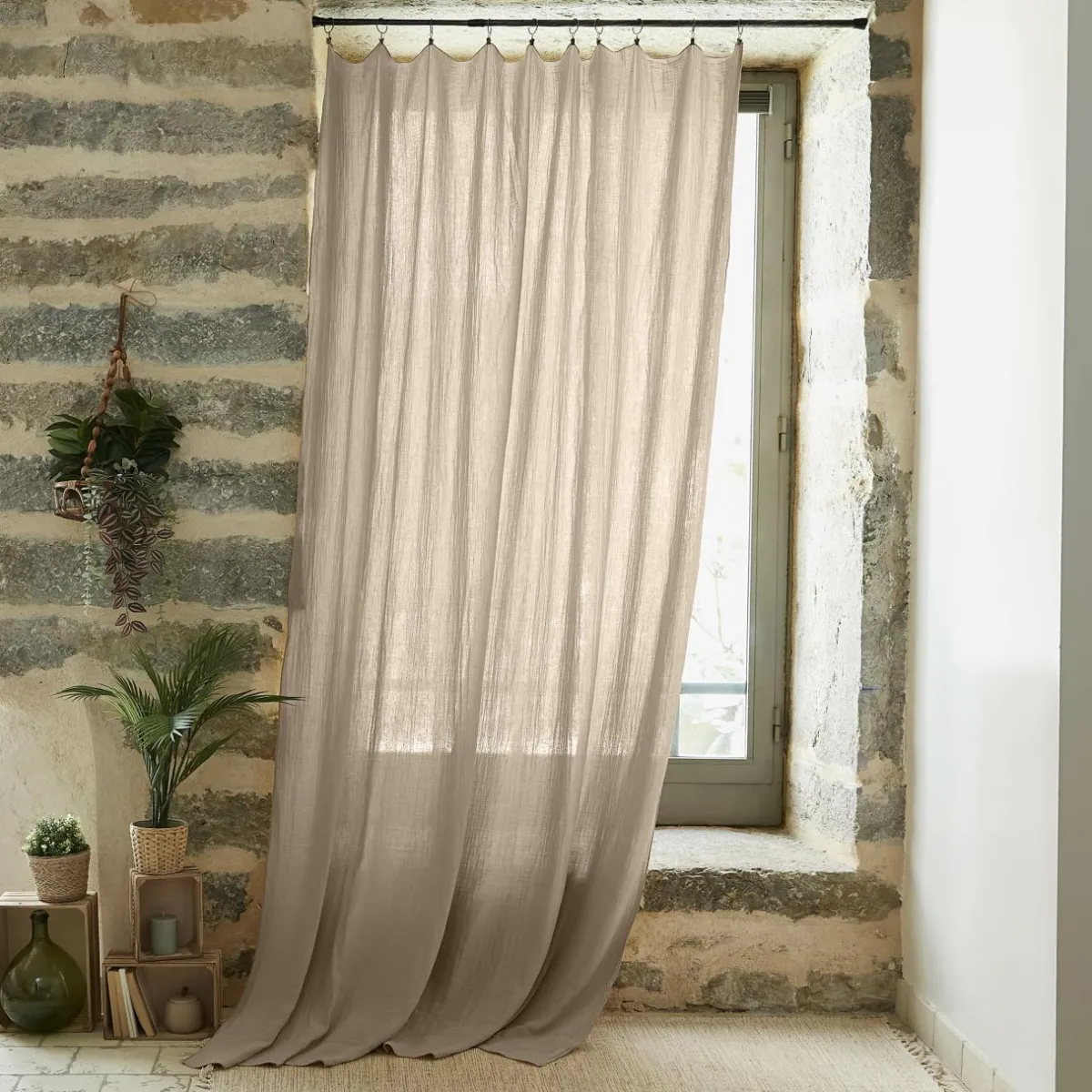 EMINZA Rideau gaze de coton ajustable (140 x max 300 cm) Gaïa Ficelle Outlet