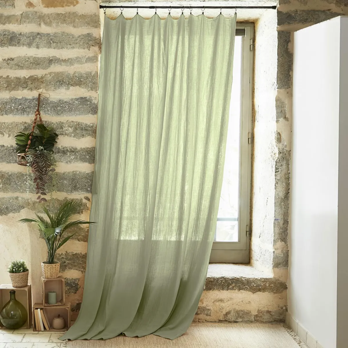 EMINZA Rideau gaze de coton ajustable (180 x max 300 cm) Gaïa Vert tilleul New