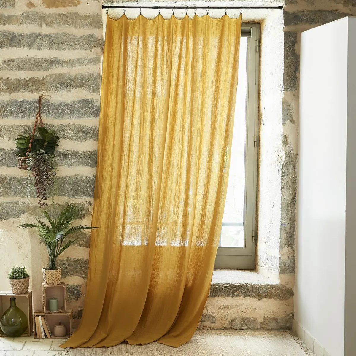 EMINZA Rideau gaze de coton ajustable (180 x max 300 cm) Gaïa Jaune safran New