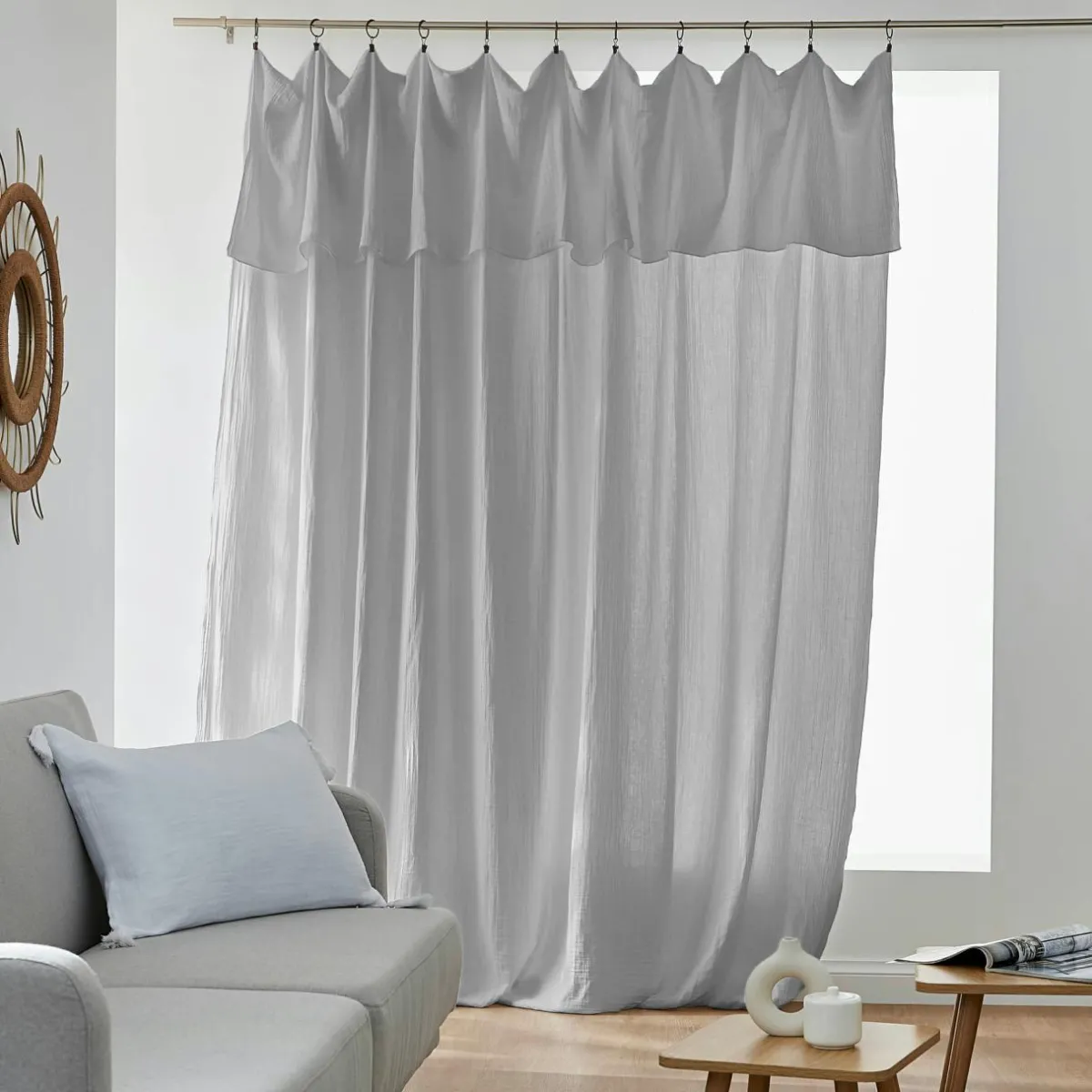 EMINZA Rideau gaze de coton ajustable (280 x max 300 cm) Gaïa Gris nuage Gris clair New