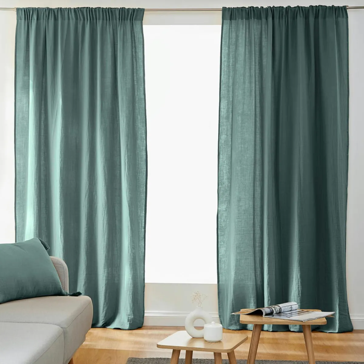 EMINZA Rideau gaze de coton galon fronceur (180 x 240 cm) Gaïa Bleu canard Best
