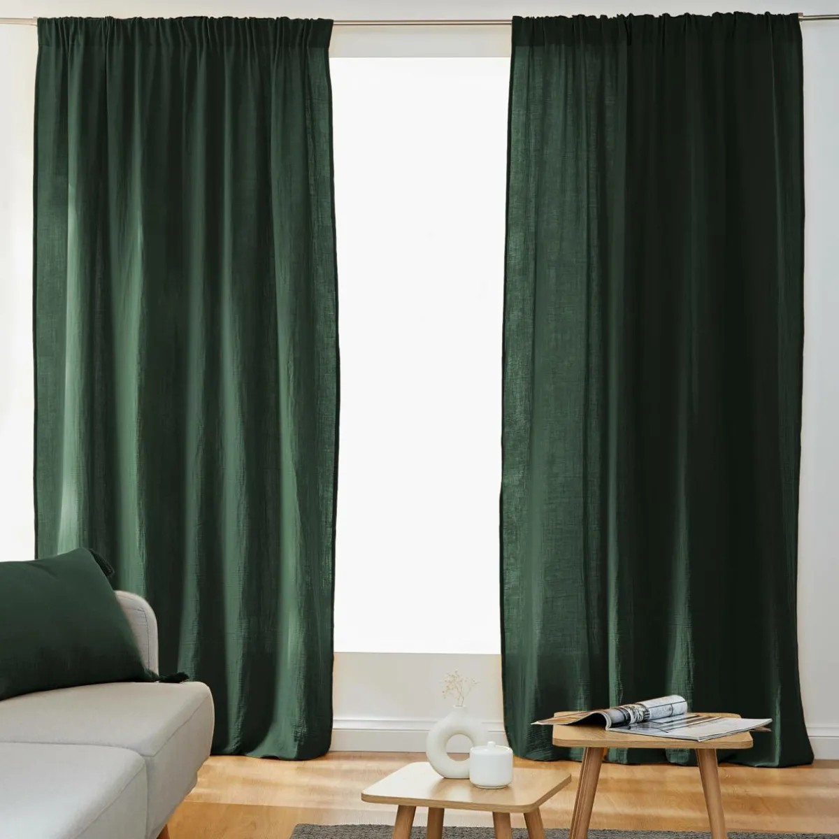 EMINZA Rideau gaze de coton galon fronceur (180 x 240 cm) Gaïa Vert sapin Sale