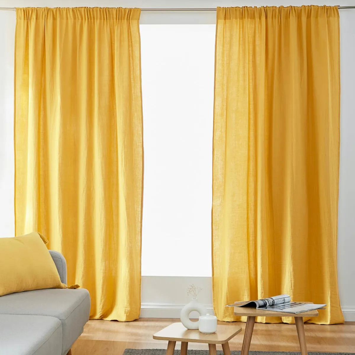 EMINZA Rideau gaze de coton galon fronceur (140 x 240 cm) Gaïa Jaune safran Discount