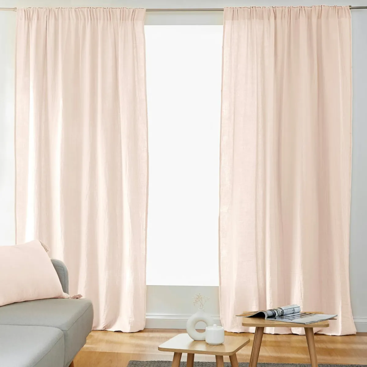 EMINZA Rideau gaze de coton galon fronceur (140 x 240 cm) Gaïa Rose poudré