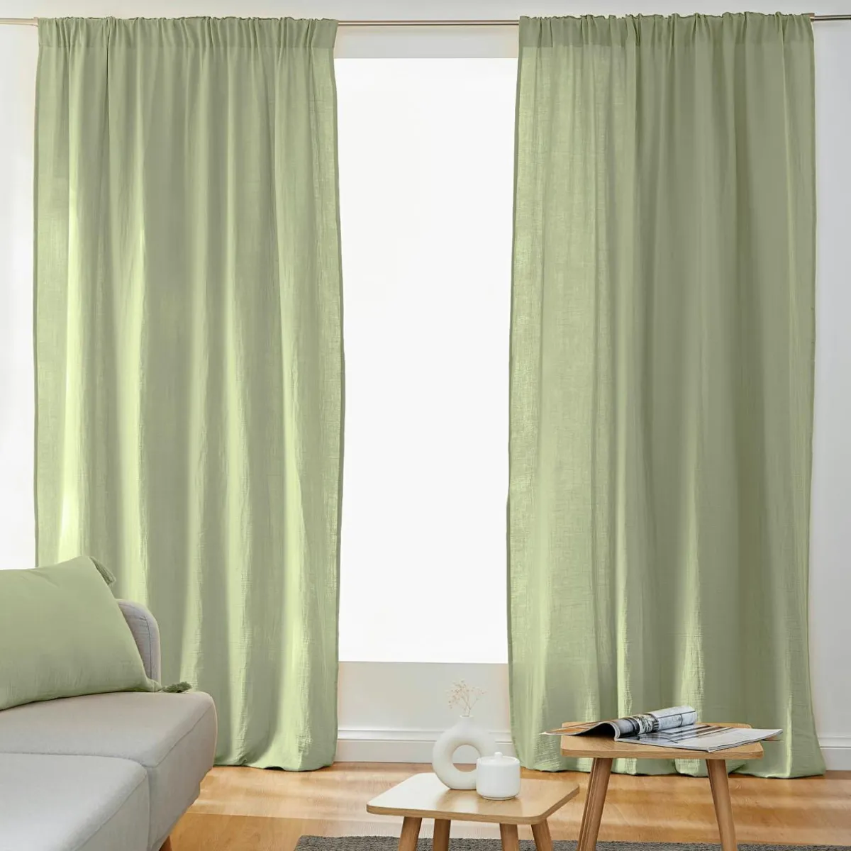 EMINZA Rideau gaze de coton galon fronceur (140 x 240 cm) Gaïa Vert tilleul Clearance