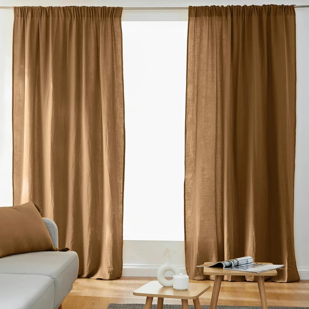 EMINZA Rideau gaze de coton galon fronceur (140 x 240 cm) Gaïa Camel Hot
