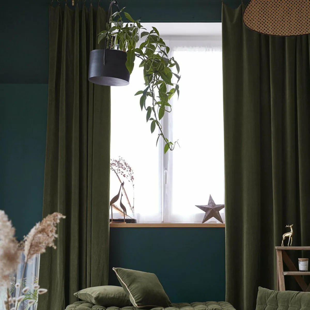 EMINZA Rideau velours de coton ajustable (140 x max 270 cm) Victor thym Vert Discount