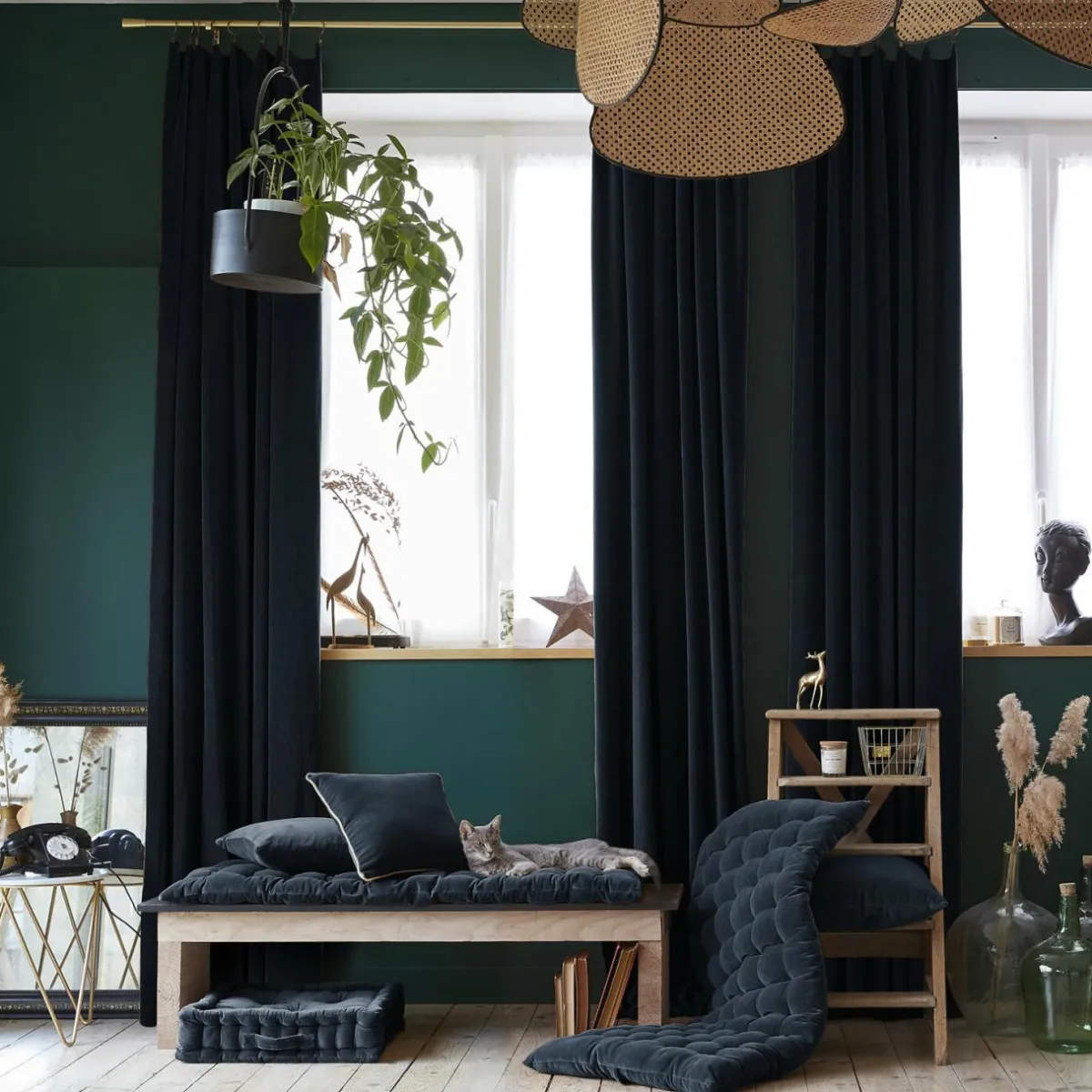 EMINZA Rideau velours de coton ajustable (140 x max 270 cm) Victor Bleu nuit Outlet