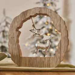 KAEMINGK Rondin en bois (H14 cm) Renne et étoile Bois blond Naturel Discount