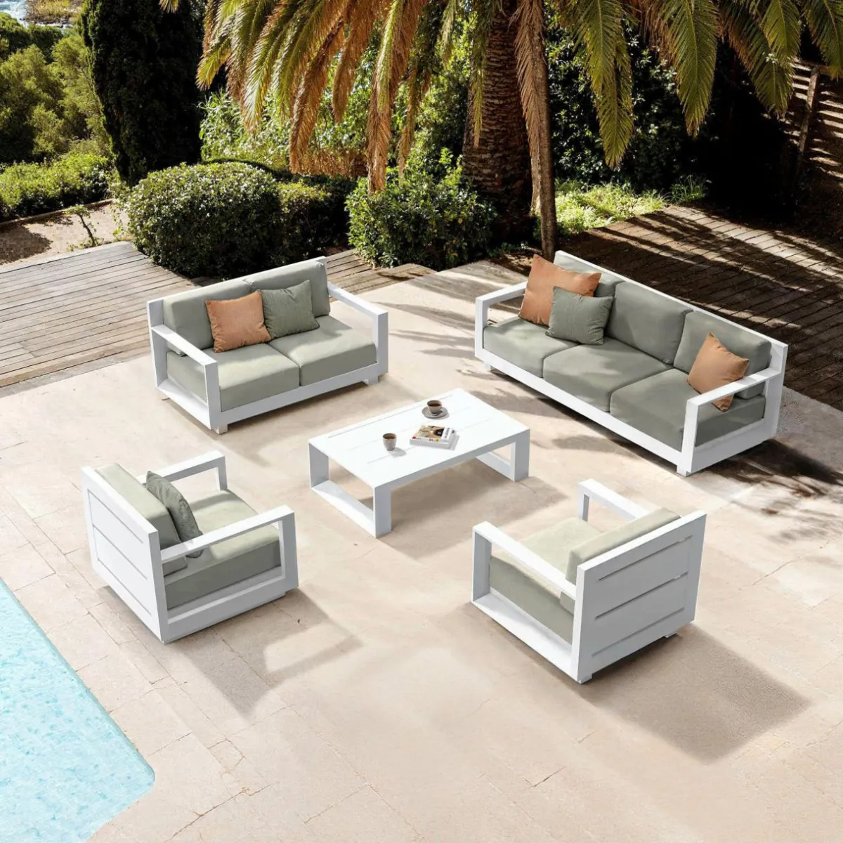 MOBELLIA Salon de jardin aluminium 7 places 5 pcs Elba Blanc et taupe Blanc - Taupe Best