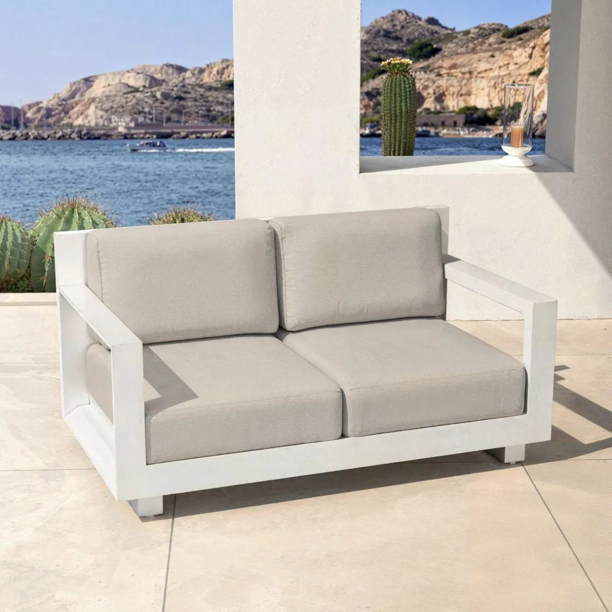 MOBELLIA Salon de jardin aluminium 7 places 5 pcs Elba Blanc et taupe Blanc - Taupe Best