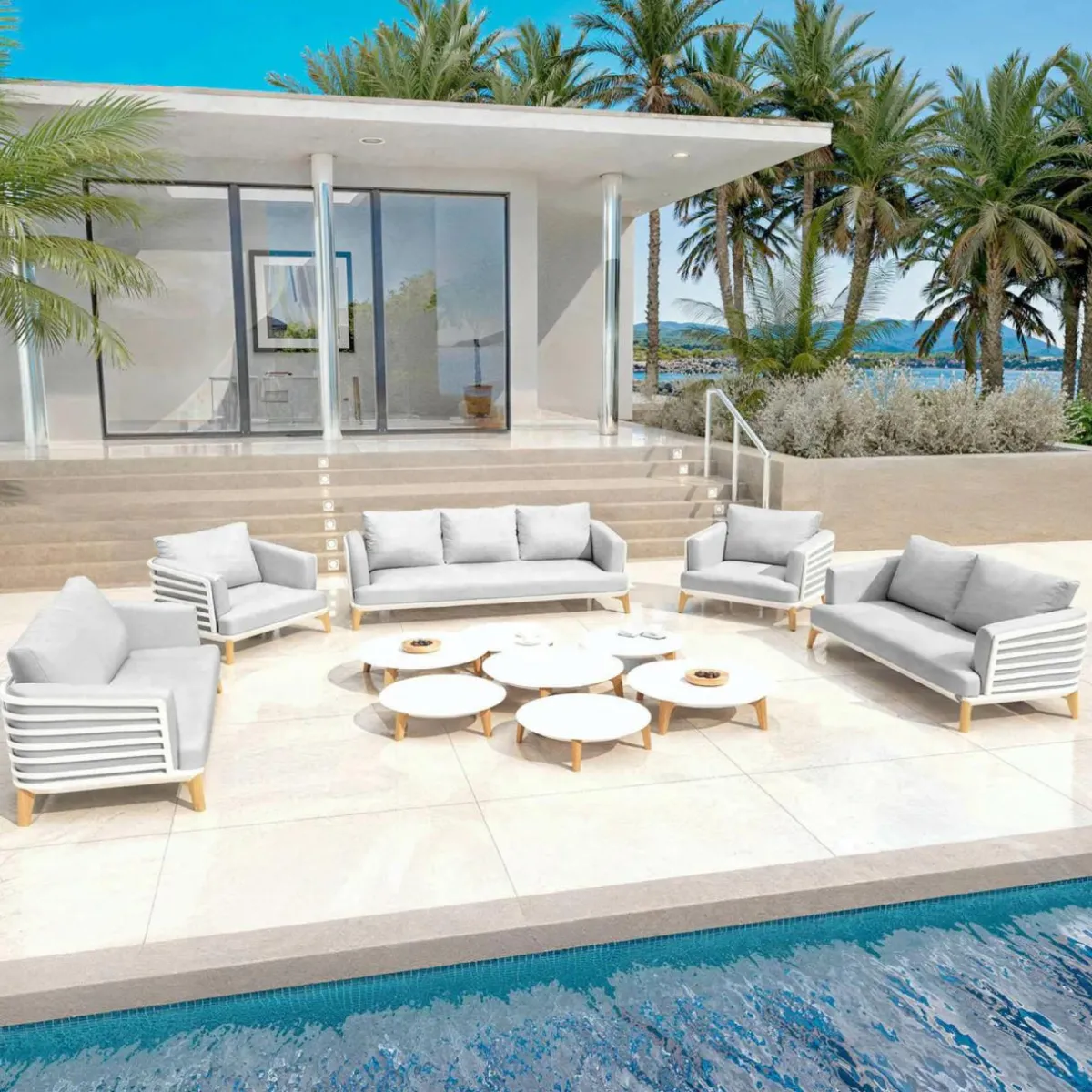 MOBELLIA Salon de jardin aluminium 9 places 12 pcs Monte Carlo Blanc et gris clair Blanc - Gris Clair