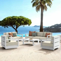 MOBELLIA Salon de jardin aluminium 7 places 5 pcs Elba Blanc et beige Blanc - Beige Outlet