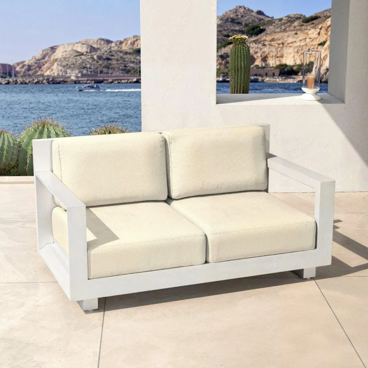 MOBELLIA Salon de jardin aluminium 7 places 5 pcs Elba Blanc et beige Blanc - Beige Outlet