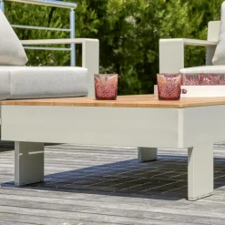 MOBELLIA Salon de jardin aluminium et bois teck 5 places Antibes Crème Beige Discount