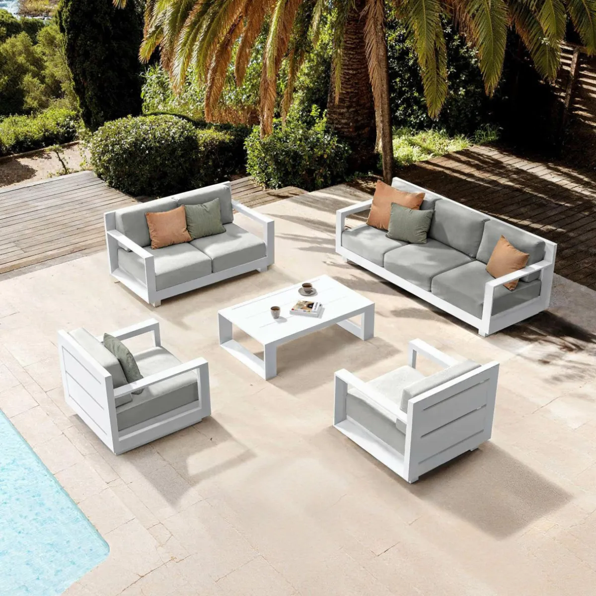 MOBELLIA Salon de jardin aluminium 7 places 5 pcs Elba Blanc et gris clair Blanc - Gris Clair Online