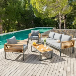 MOBELLIA Salon de jardin aluminium et bois teck 5 places Bali Gris et ardoise Anthracite Clearance
