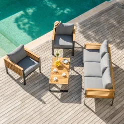 MOBELLIA Salon de jardin aluminium et bois teck 5 places Bali Gris et ardoise Anthracite Clearance