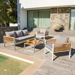 MOBELLIA Salon de jardin aluminium et bois teck 5 places Bali et gris clair Blanc Outlet