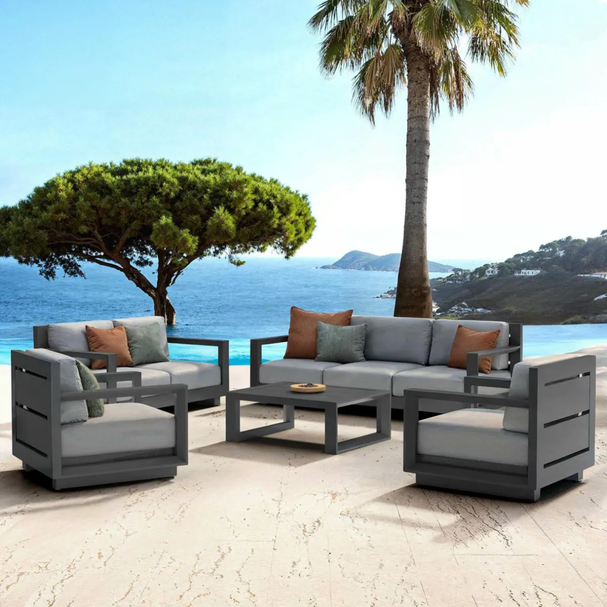 MOBELLIA Salon de jardin aluminium 7 places 5 pcs Elba Gris Anthracite New