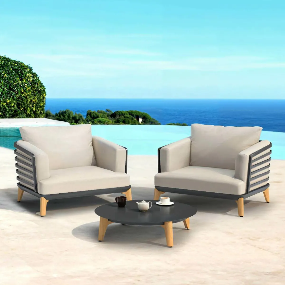 MOBELLIA Salon de jardin aluminium 2 places 3 pcs Monte Carlo Gris anthracite et taupe Anthracite - Taupe Hot