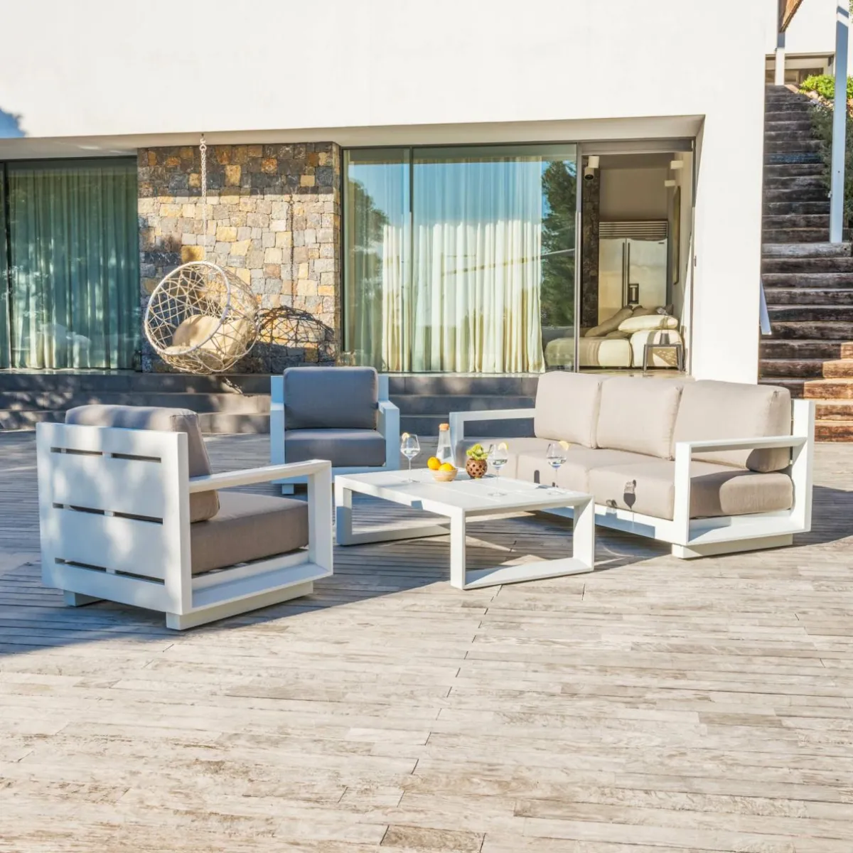 MOBELLIA Salon de jardin aluminium 5 places 4 pcs Elba Blanc et taupe Blanc - Taupe New