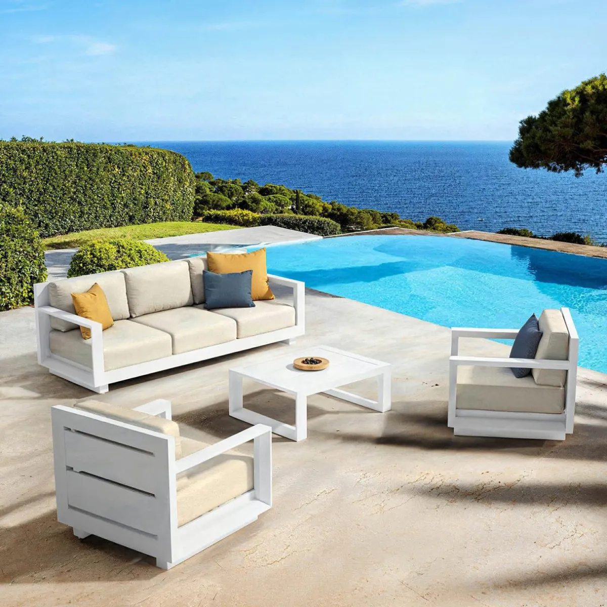 MOBELLIA Salon de jardin aluminium 5 places 4 pcs Elba Blanc et beige Blanc - Beige New