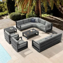 MOBELLIA Salon de jardin d'angle aluminium 10 places Elba Gris Anthracite Sale