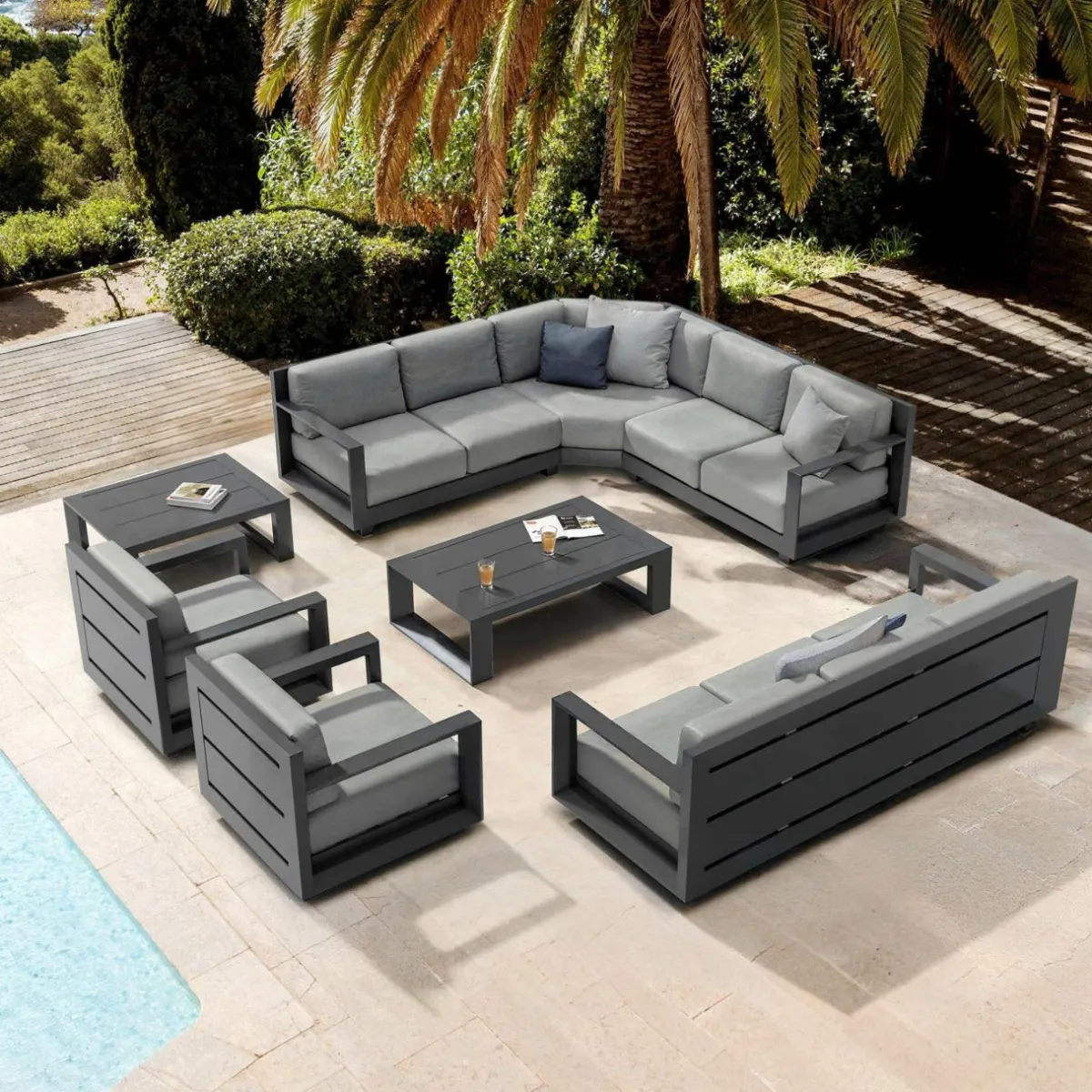 MOBELLIA Salon de jardin d'angle aluminium 10 places Elba Gris Anthracite Sale