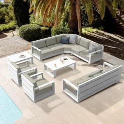 MOBELLIA Salon de jardin d'angle aluminium 10 places Elba Blanc et taupe Blanc - Taupe Clearance