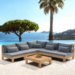 MOBELLIA Salon de jardin d'angle en bois d'acacia 6 places 5 pcs Borneo Gris Anthracite New