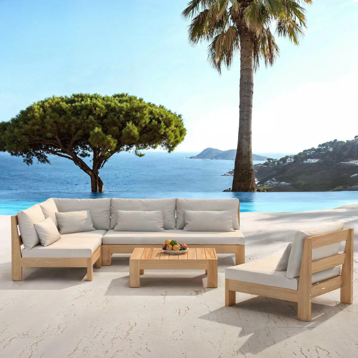 MOBELLIA Salon de jardin d'angle en bois d'acacia 6 places 5 pcs Borneo Sable Hot