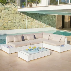 MOBELLIA Salon de jardin d'angle en résine tressée 5 places Palma Blanc et taupe Tressé Blanc - Taupe New