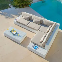 MOBELLIA Salon de jardin d'angle en résine tressée 5 places Palma Blanc et taupe Tressé Blanc - Taupe New