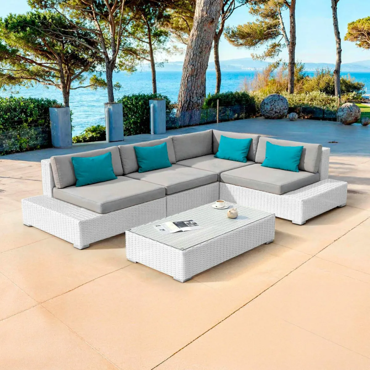 MOBELLIA Salon de jardin d'angle en résine tressée 5 places Palma Blanc et gris Tresse Blanc - Gris New