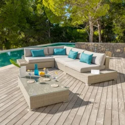 MOBELLIA Salon de jardin d'angle en résine tressée 5 places Palma Gris Tresse Gris - Gris New