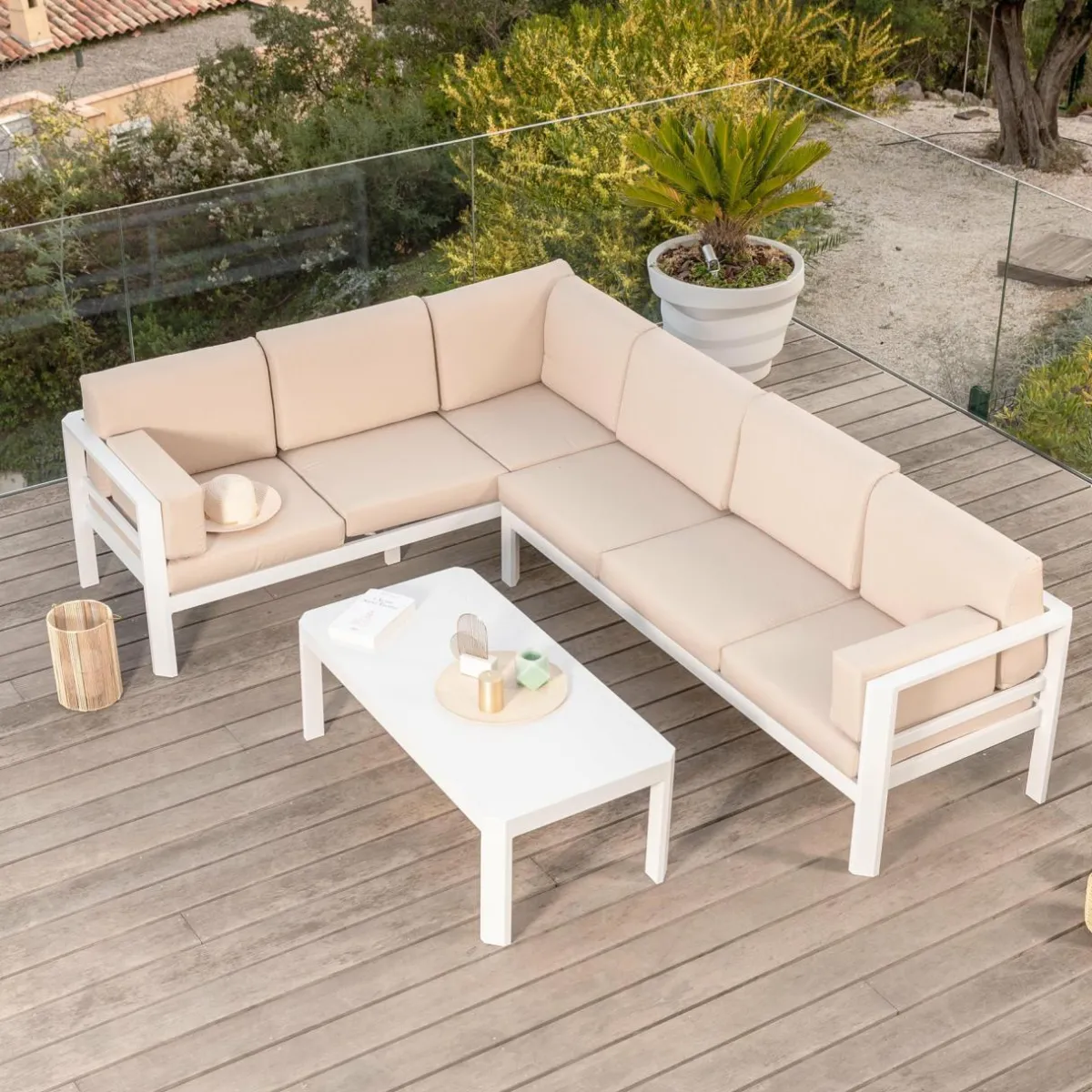 MOBELLIA Salon de jardin d'angle en aluminium 6 places Ostara et taupe Blanc Outlet