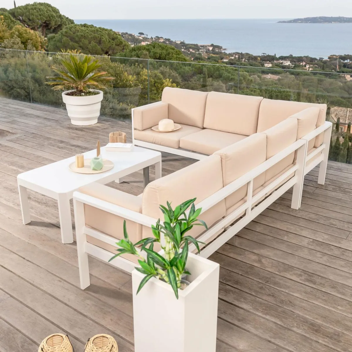 MOBELLIA Salon de jardin d'angle en aluminium 6 places Ostara et taupe Blanc Outlet